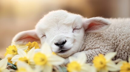 Cute lamb sleeping among daffodils