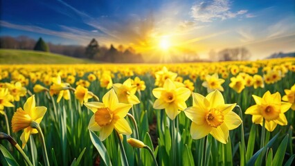 Fototapeta premium A vibrant yellow daffodil field swaying gently in the spring breeze , green fields, sunshine