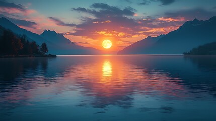 Minimalist lake scene simple reflections and a glowing moon
