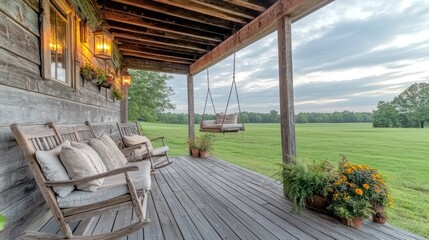 Rustic porch swing, rocking chairs, and peaceful country view