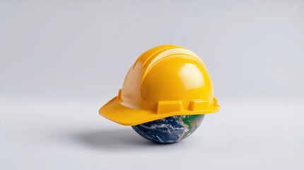 The planet Earth and the helmet symbol of safety and yellow health at work place. Safety and Health at Work concept, labor day
