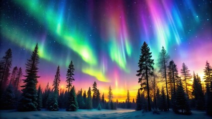 Fototapeta premium A serene forest landscape with a vibrant aurora borealis display in the night sky above the treetops, shimmering lights, peaceful