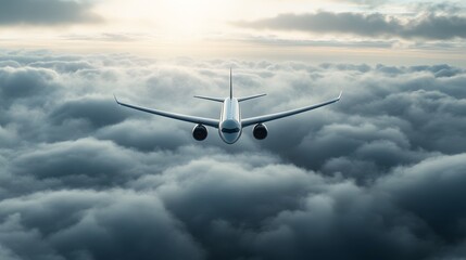 Obraz premium Soaring High: A commercial airliner gracefully ascends through a sea of soft, fluffy clouds, with the radiant sun peeking through, depicting a breathtaking flight into the unknown.