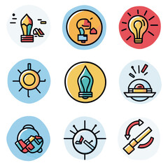Colorful icon set featuring creative ideas, technology, and innovation
