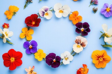 Colorful Floral Circle on Blue Background with Vibrant Flower Arrangements
