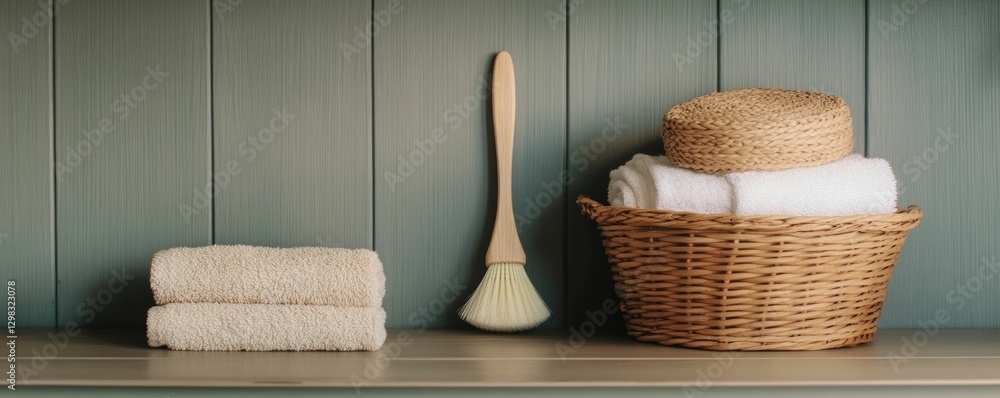 Poster neatly organized cabinet shelves displaying a dust brush and small towel creating a tidy and efficie