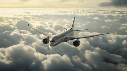 Obraz premium Soaring Through the Skies: A majestic airliner cruises effortlessly above a sea of clouds, illuminated by the soft light of the morning sky. A symbol of travel and journey.