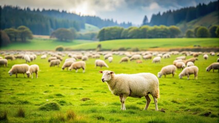 Obraz premium A lone sheep grazes in a vast