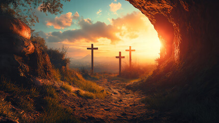 Empty Tomb with Glowing Sunrise and Three Crosses on a Hill &ndash; Easter Resurrection Concept