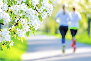 Obraz premium Women Jogging Under A Canopy Of Flowering Trees