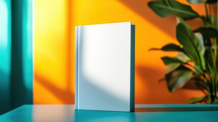 Blank white book on colorful background with plant