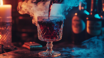 Mysterious red wine pouring into crystal glass with smoke dramatic lighting elegant drink bar dark food rich