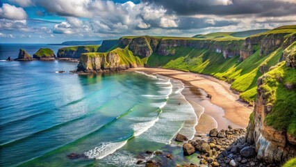 Obraz premium Coastal scenery with rugged cliffs and rocky shoreline in Northern Ireland, water, beach, water,beach