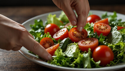 A hand tosses a garden salad with a fork. The salad includes lettuce, tomato, cucumber, and salad dressing.