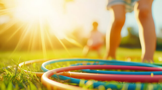 Colorful hula hoops lie on the grass at sunset, ready for children to play with them, creating a vibrant and playful scene - Powered by Adobe