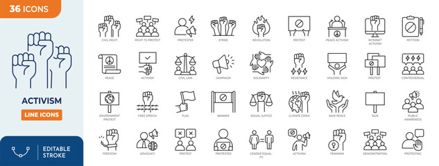 Activism icon set.  Containing protest, activist, demonstration, strike, advocacy, petition, human rights, and more. Outline Icon Collection. Vector illustration. Editable stroke