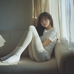 young girl sitting on sofa