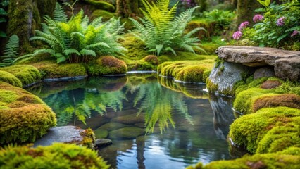 Serene Pond Reflecting Lush Ferns and Mossy Rocks in a Tranquil Garden Setting