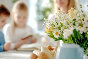 Easter celebration with family prayers at home, floral decor, springtime setting