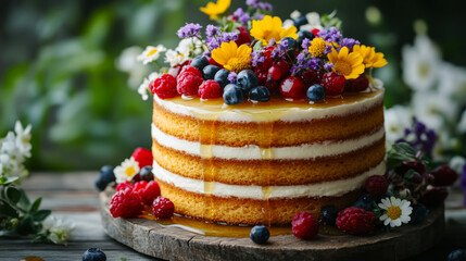 Delicious honey cake adorned with colorful wildflowers and fresh berries on a rustic wooden table in a sunny garden