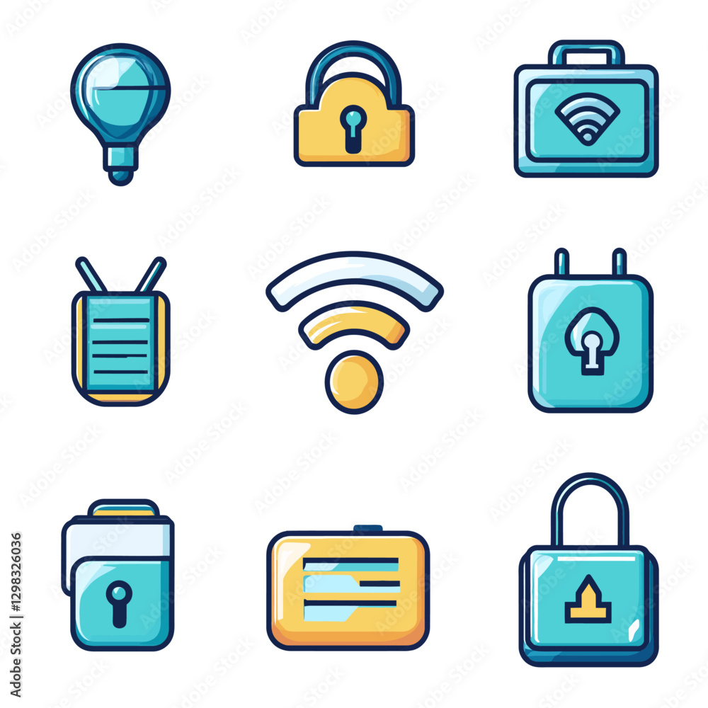 Poster set of nine flat vector icons related to technology and security.