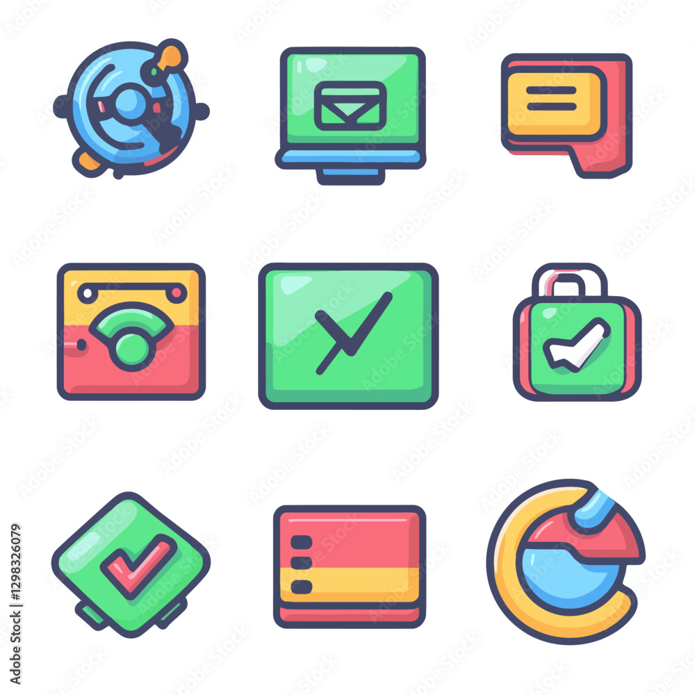 Poster set of colorful outlined icons for business and website design elements