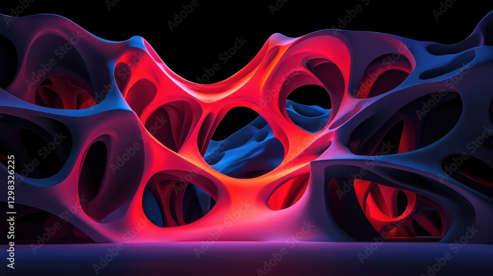 Poster a 3d rendering of a complex, abstract structure with a blend of red, blue, and purple hues.
