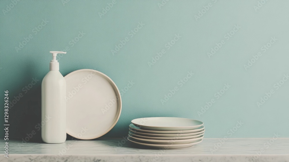 Poster a simple clean and organized scene featuring a white dishwashing liquid bottle standing on a kitchen