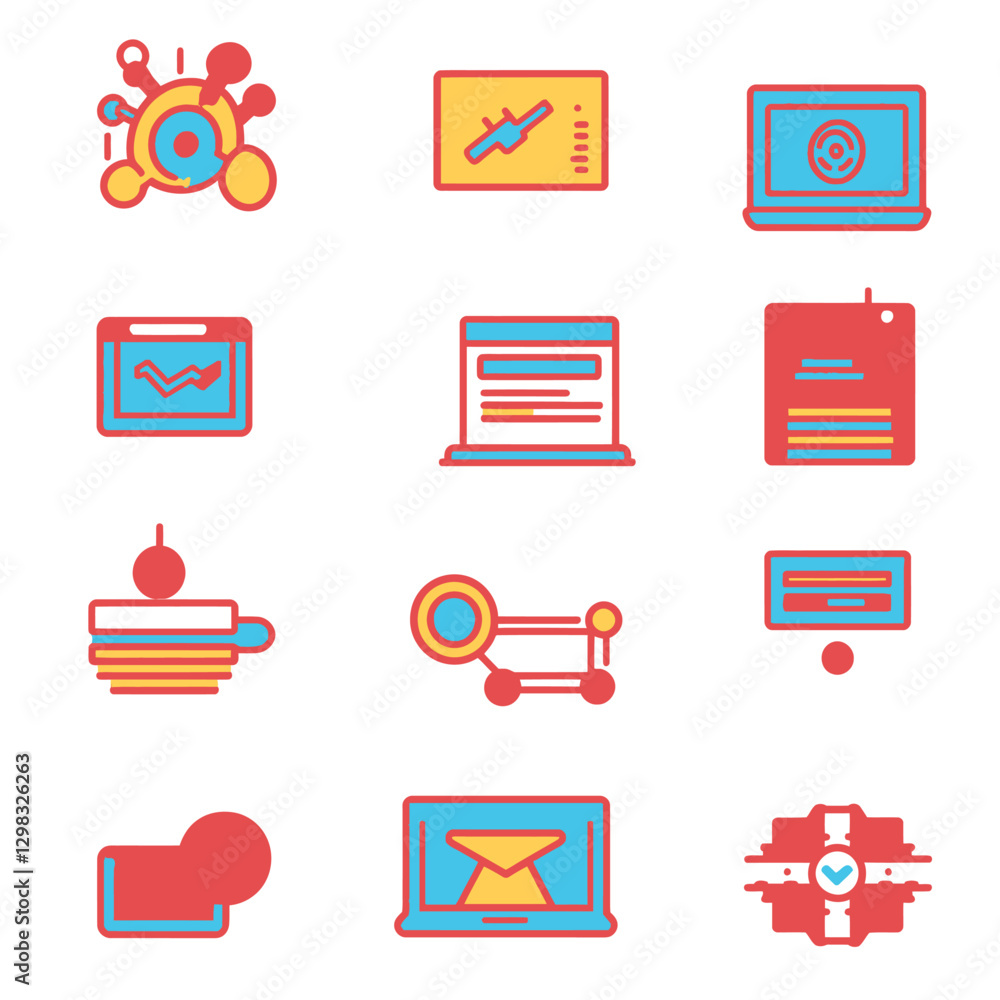 Poster data analytics and network technology on vector icon set of 12