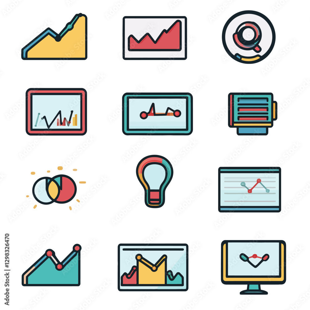 Poster business data analytics icons showing graph types and data visualization