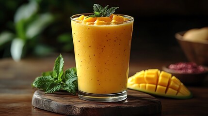 A creamy mango and milk smoothie served in a clear glass highlighting its vibrant yellow hue and health benefits