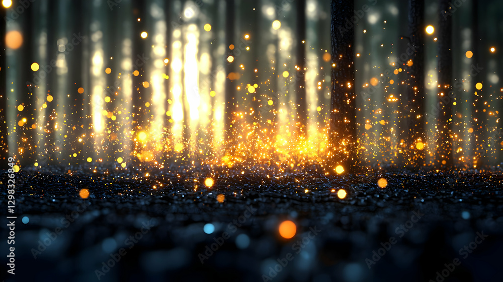 Poster abstract forest scene with sparkling lights and blurred background featuring tall trees and golden b