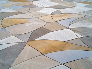 Golden geometric patterns embedded into natural stone flooring, forming a subtle and elegant botanical design