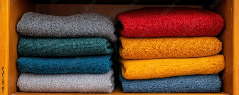 Poster neatly stacked and organized colorful towels washcloths or fabric linens stored in a clean and acces
