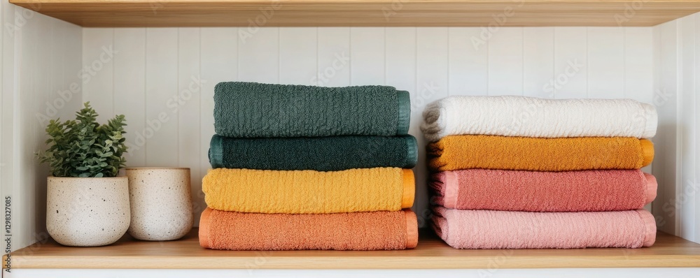 Poster a neatly folded and organized stack of clean cloth or towels stored on a shelf in the corner of a ca