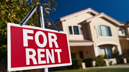 Fototapeta premium Bright House for Rent Sign in Front of Beautiful Housing Property