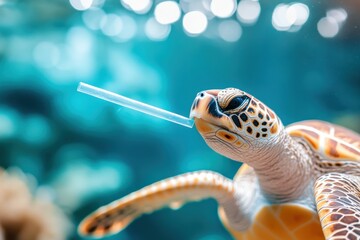 Sea Turtle Underwater with Straw in Mouth in Ocean Habitat