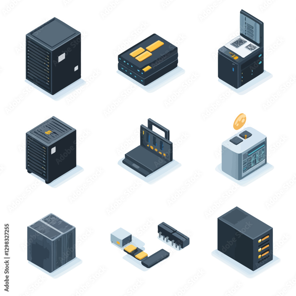 Poster isometric data servers collection for networking and hosting solutions