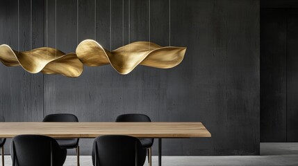 Golden pendant lights in organic leaf-like designs, hanging over a warm wooden dining table