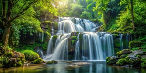waterfall cascade in forest, serene waterfall, serene surroundings