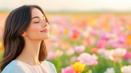 Naklejka premium Hopeful Woman Amidst Pink Blossom Flowers