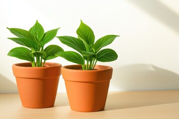 Fototapeta premium Bright green plants in terracotta pots, capturing sunlight, addi