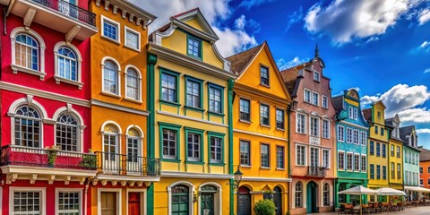 Obraz premium Building facades lined with vibrant colors, historic town, quaint town, historic town, quaint town
