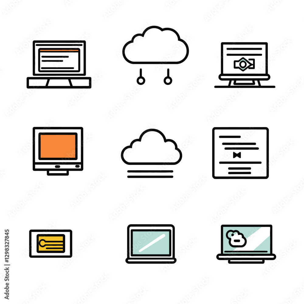 Poster cloud computing network icon set, computer and cloud technology, vector data