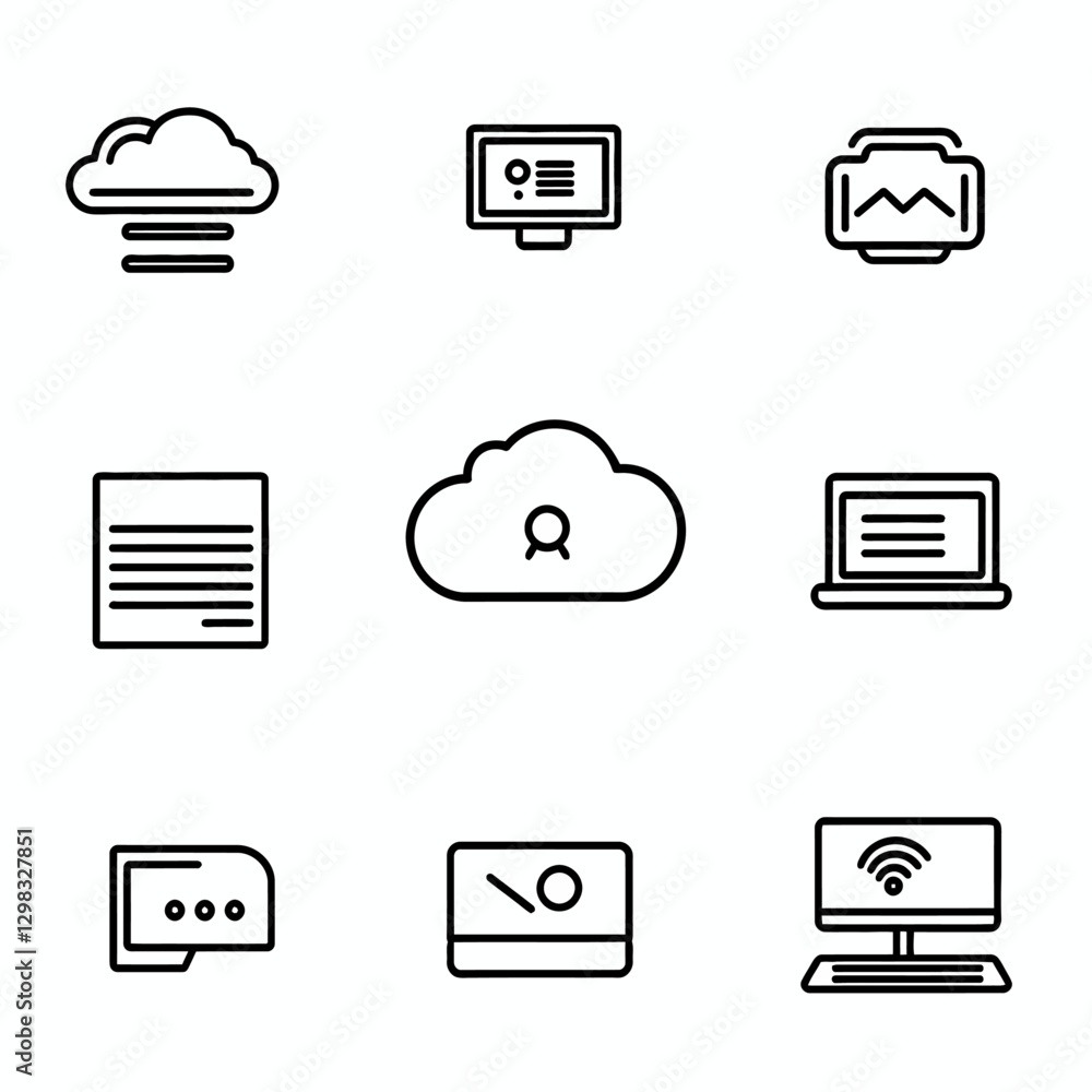 Aufkleber outline icons representing cloud computing and technology in white space