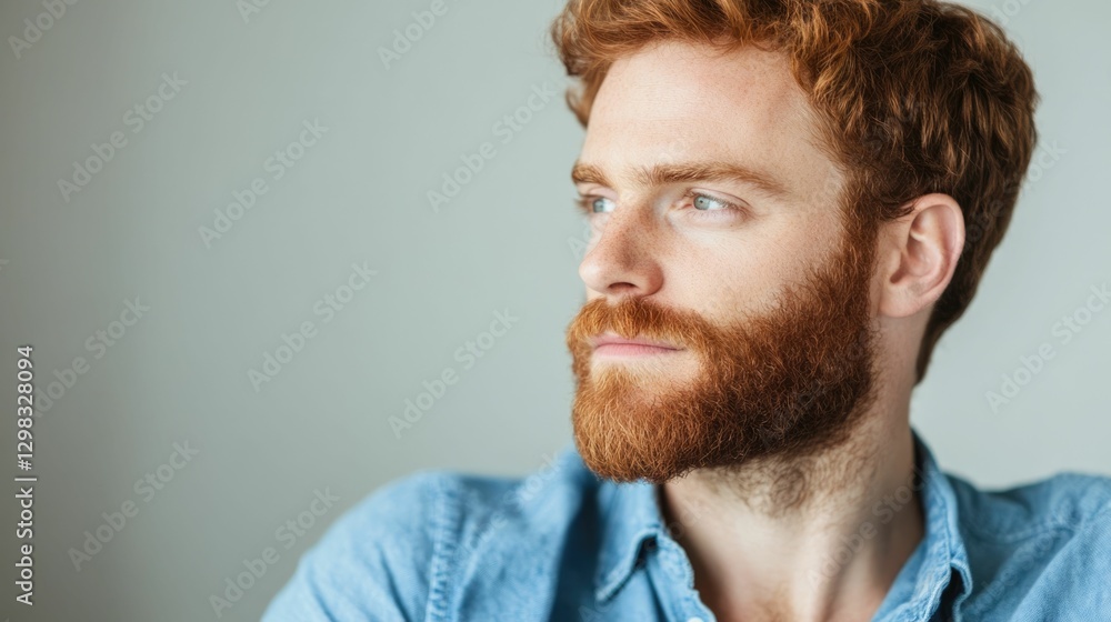 Poster redheaded man with a beard sitting on a bed in a contemplative pensive pose deep in thought and self