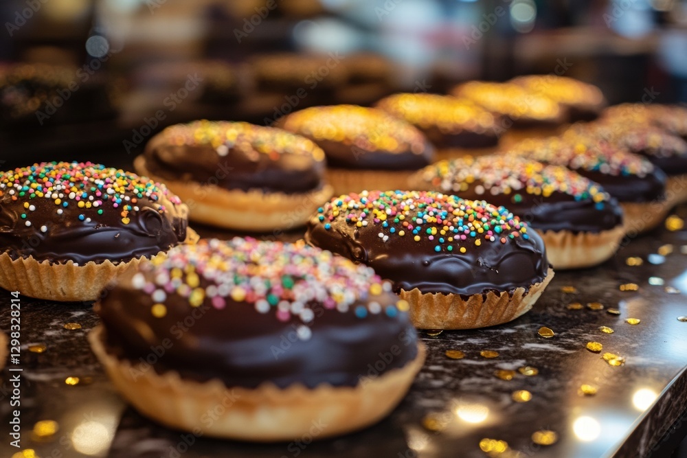 Poster display of assorted chocolate covered pastries with colorful sprinkles in a bakery during the aftern