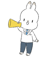 メガホンでお知らせをする医師のうさぎのキャラクターの手書きイラスト
