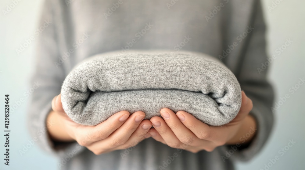 Poster hands carefully folding and arranging a soft gray blanket on a neatly made household bed showcasing 