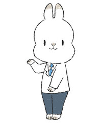 お知らせをする医師のうさぎのキャラクターの手書きイラスト